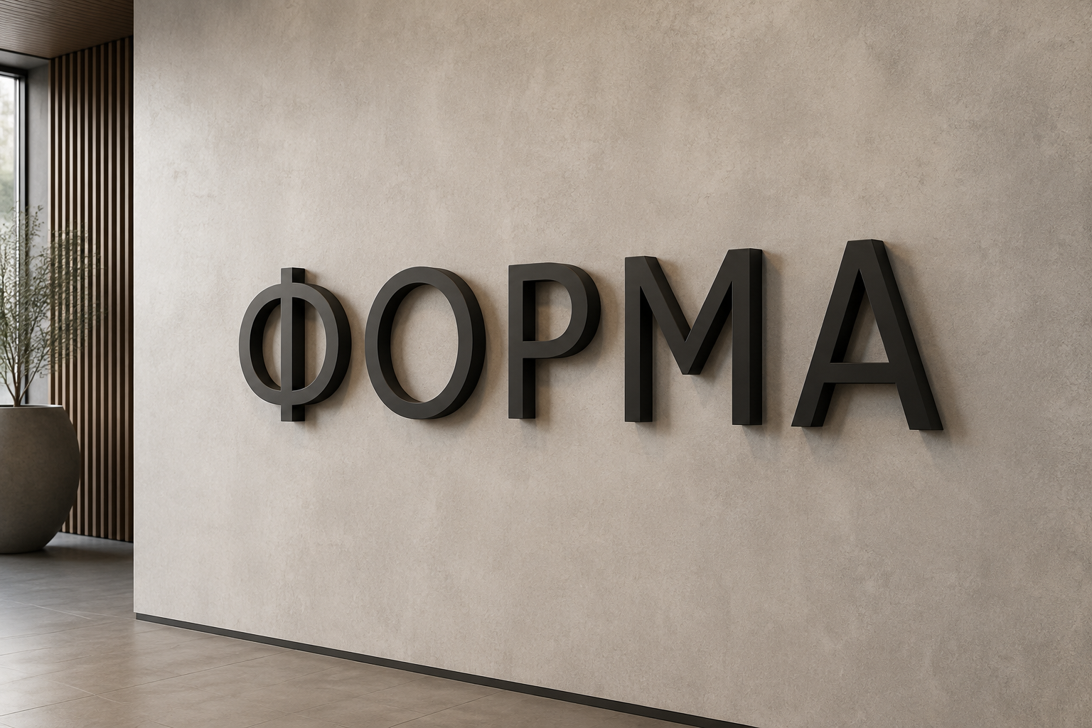 3D Рендер — глубокие чёрные металлические буквы «ФОРМА» без подсветки