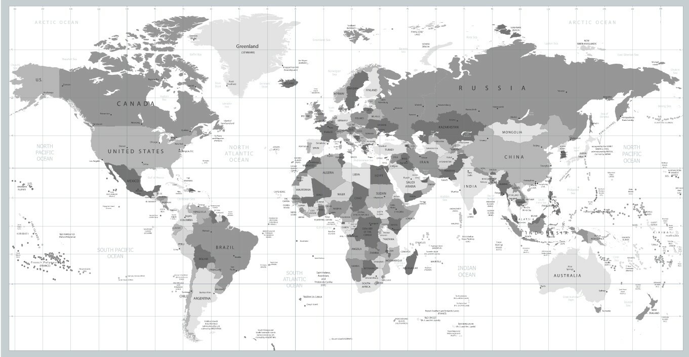 Карта мира черно белая с границами стран