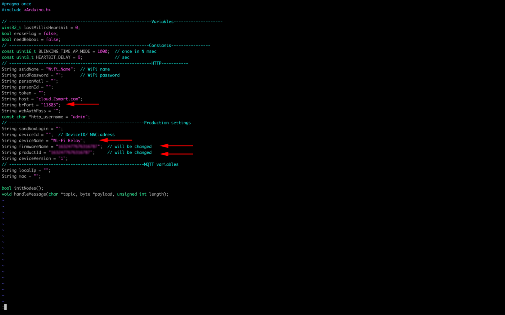 Parameters for connection in the firmware code