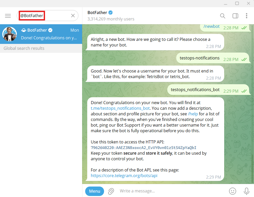 Обращение к @BotFather