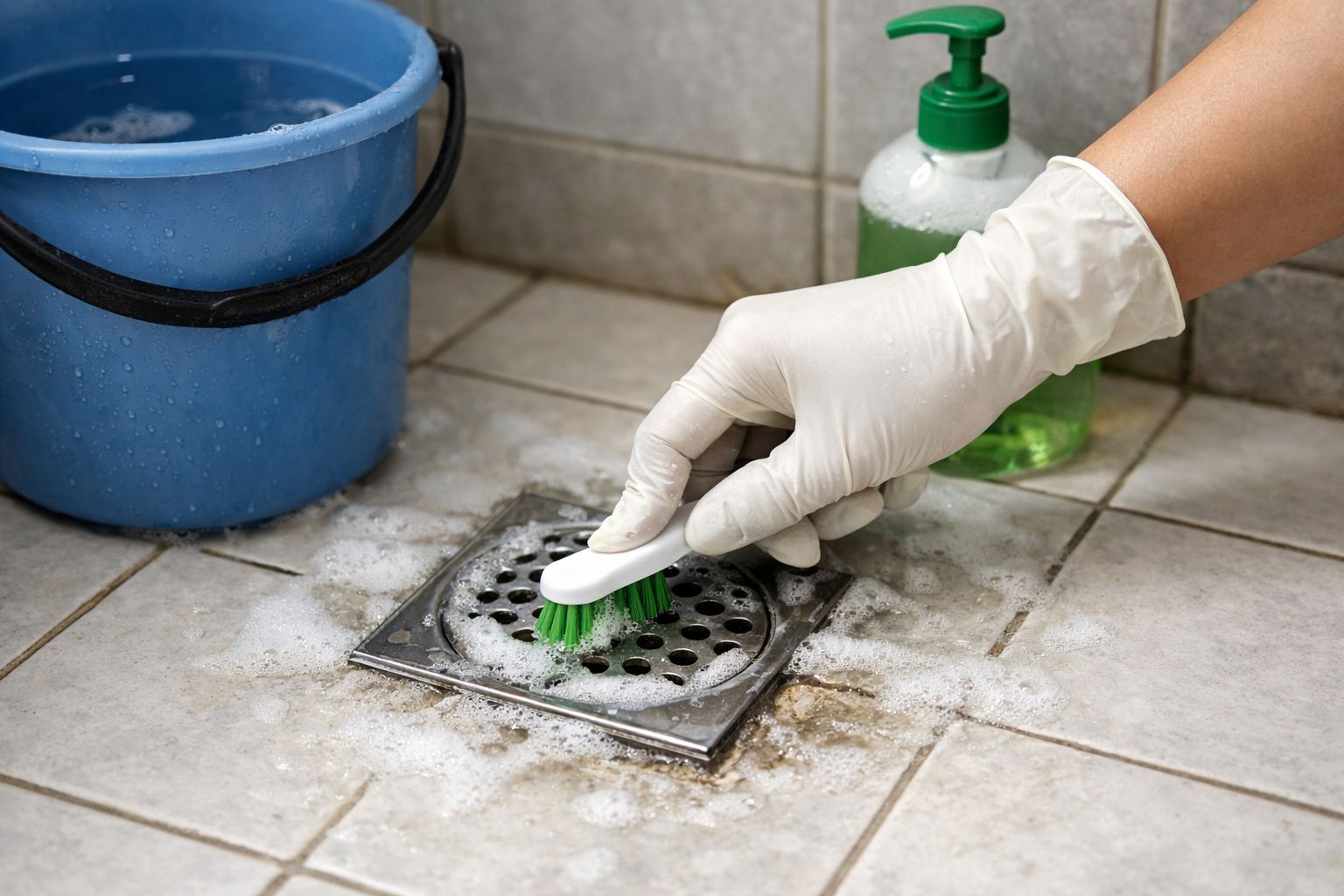 Menyikat floor drain kamar mandi untuk mencegah bau got dan menjaga saluran pembuangan tetap bersih