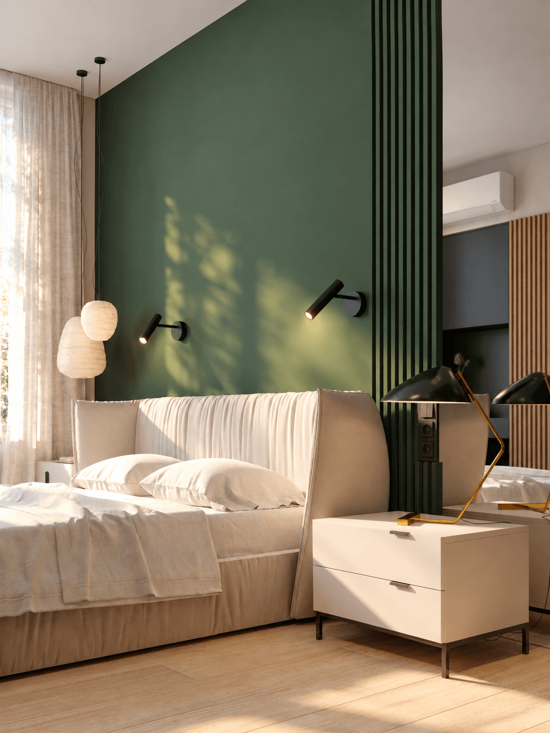 Lit élégant dans une chambre aux murs verts