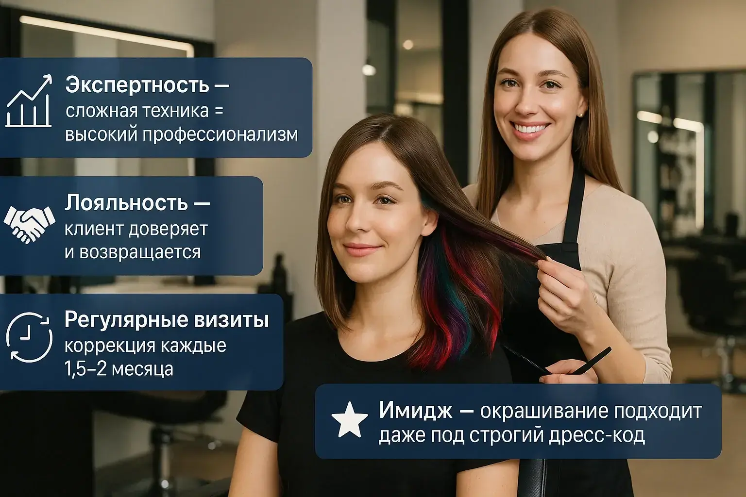 Скрытое окрашивание в салоне: мастер и клиент после окрашивания