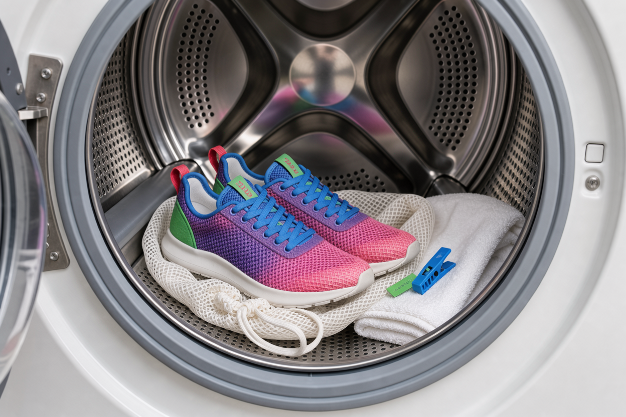 A pair of textile sneakers inside a white mesh laundry bag sitting in a washing machine drum with a soft towel beside them