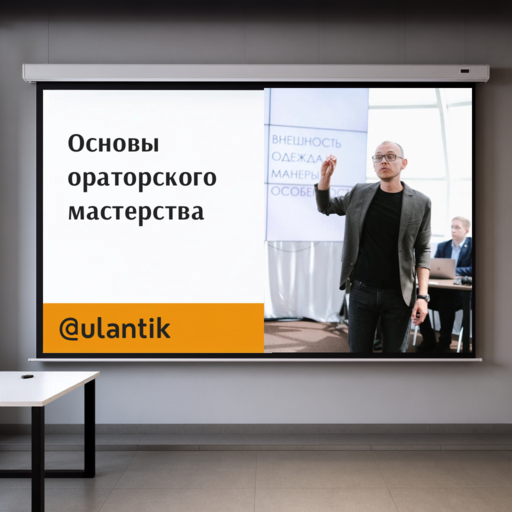 Экран проектора с титульным слайдом презентации Основы ораторского мастерства и фотографией спикера Александра Улантикова