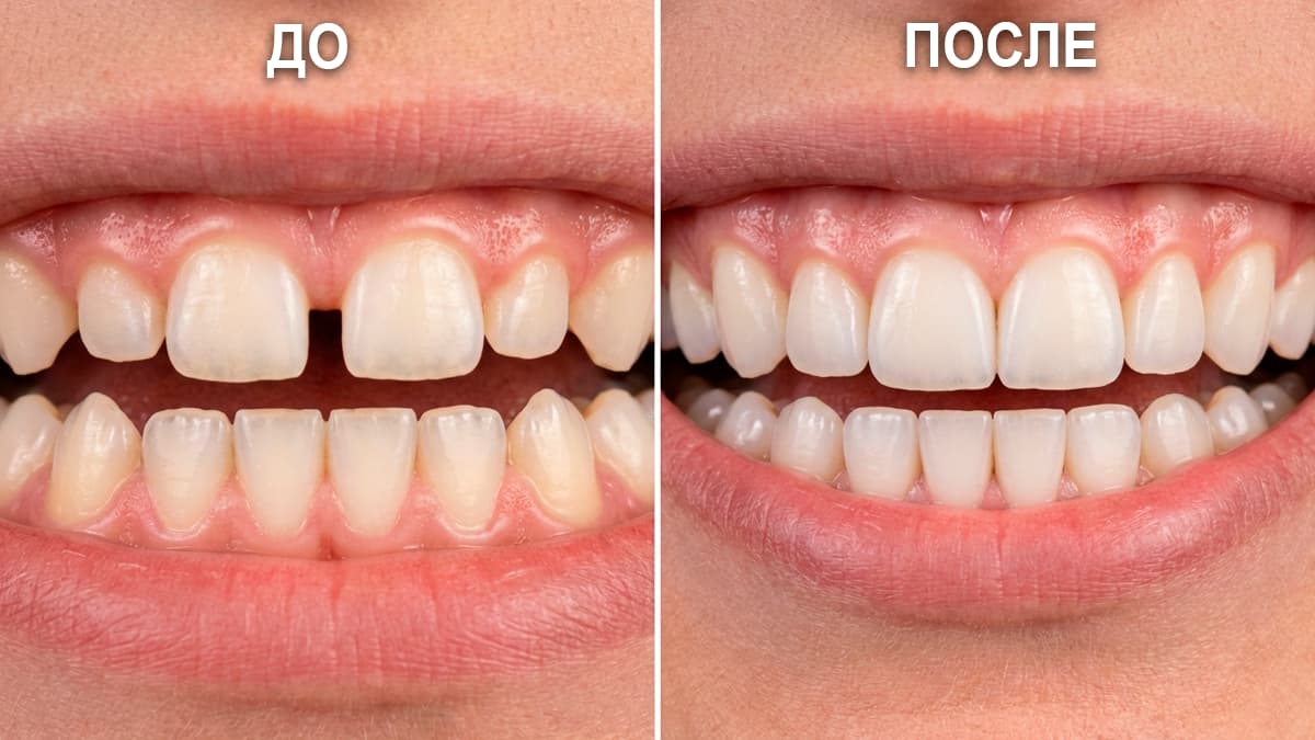Фото До - диастема 3 мм и фото После - диастема закрыта полностью