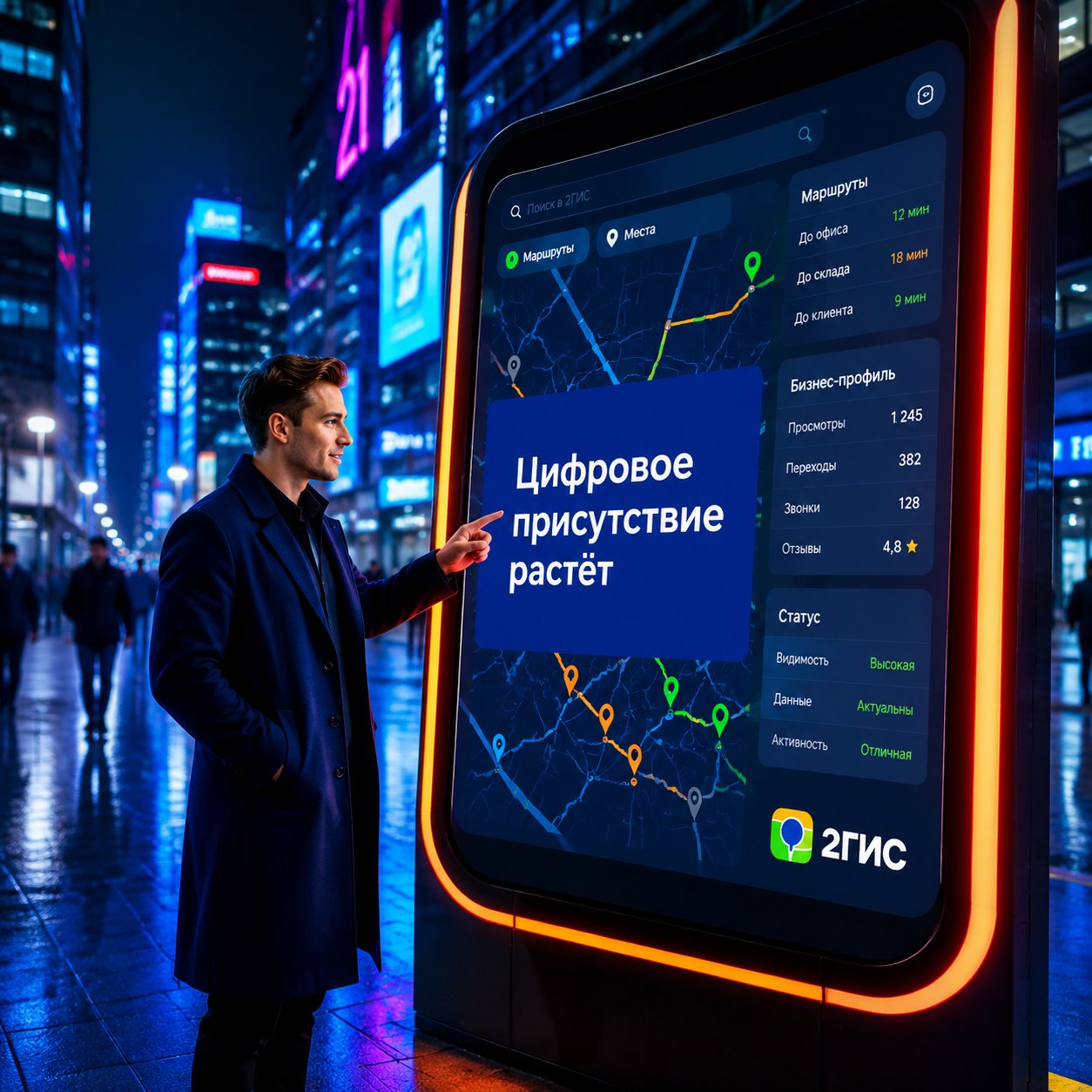 Digital-маркетолог у городского киоска с интерфейсом 2ГИС и надписью Цифровое присутствие растёт