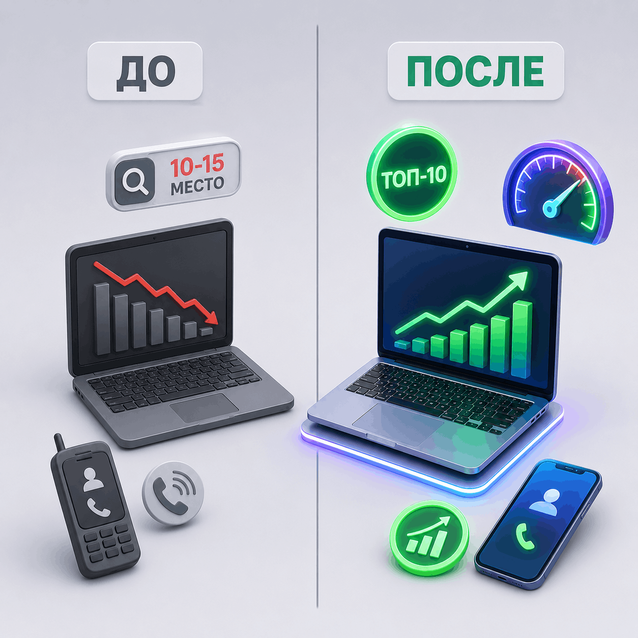 Оптимизации B2B-сайта от Mast Digital: сравнение показателей «до и после». Иллюстрация показывает переход от низких позиций и холодных звонков к выходу в ТОП-10, ускорению загрузки и росту заявок из поиска.