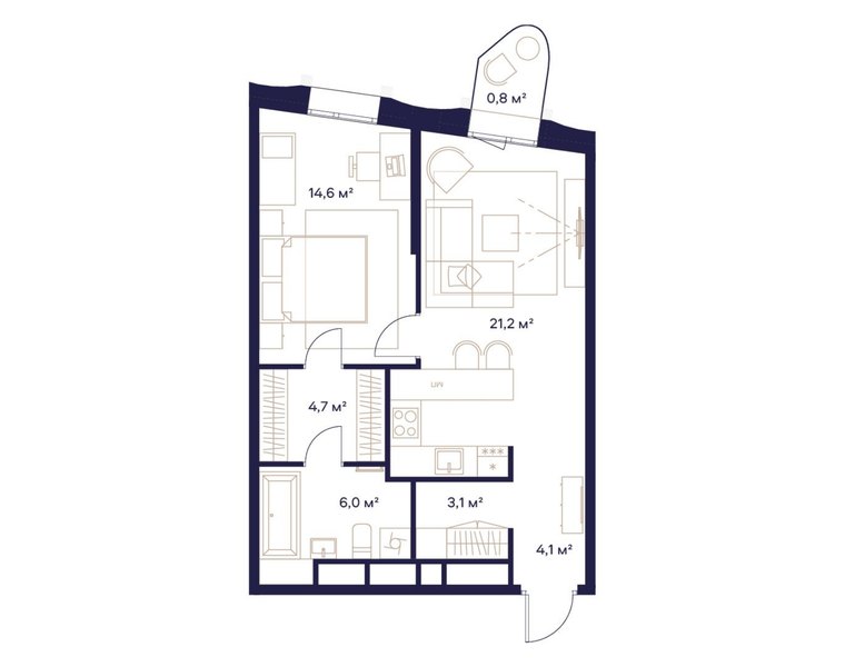 Планировка 1-комнатной квартиры 54,7 м² в ЖК «СОЮЗ»: дом 2, 9-й этаж