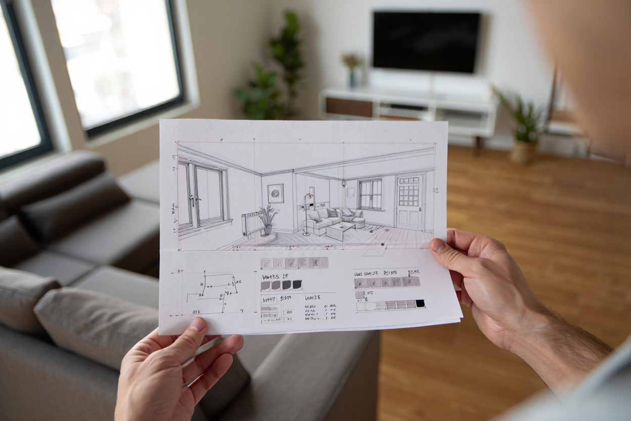 Человек держит в руках лист с дизайн-проектом квартиры, на котором изображена та же гостиная, что находится перед ним. На чертеже видны расстановка мебели, окна и элементы интерьера, совпадающие с реальным помещением. Светлая современная комната с деревян