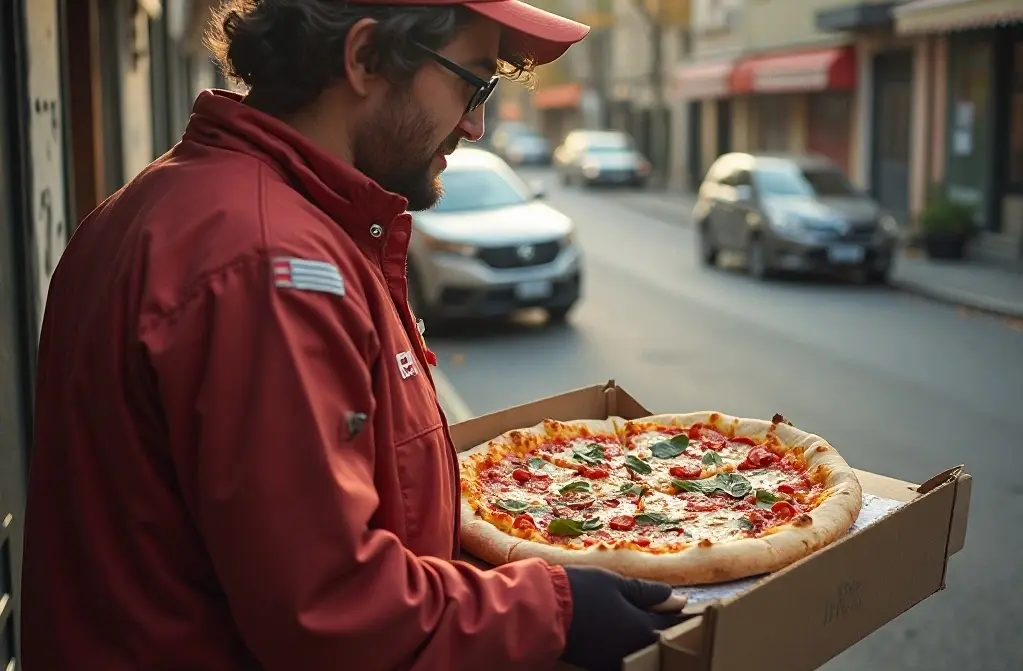 Фото курьера доставившего пиццу в городе
