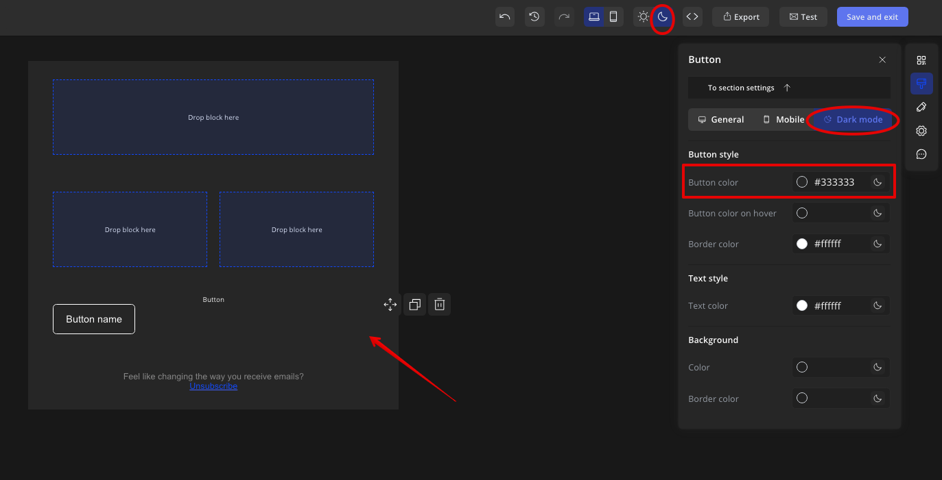 Change the button color for dark mode emails