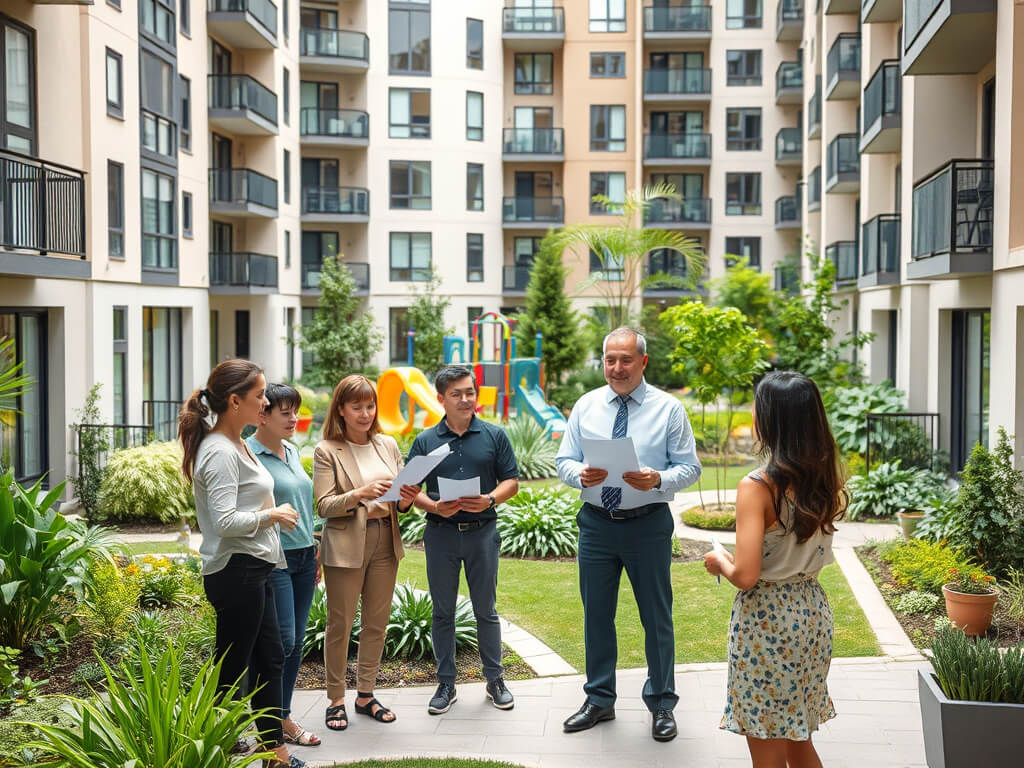 The image depicts a modern residential complex managed within a condominium system. In the foreground, a group of co-owners discusses improvement plans, while the property manager holds documents, symbolizing decision-making. In the background, a well-mai