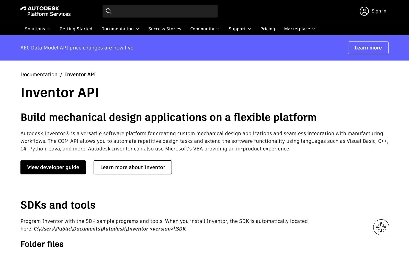 Screenshot of the Inventor API page on Autodesk Platform Services, headed Build mechanical design applications on a flexible platform, describing the COM API and languages such as Visual Basic, C++, C#, Python and Java, with a View developer guide button and an SDKs and tools section