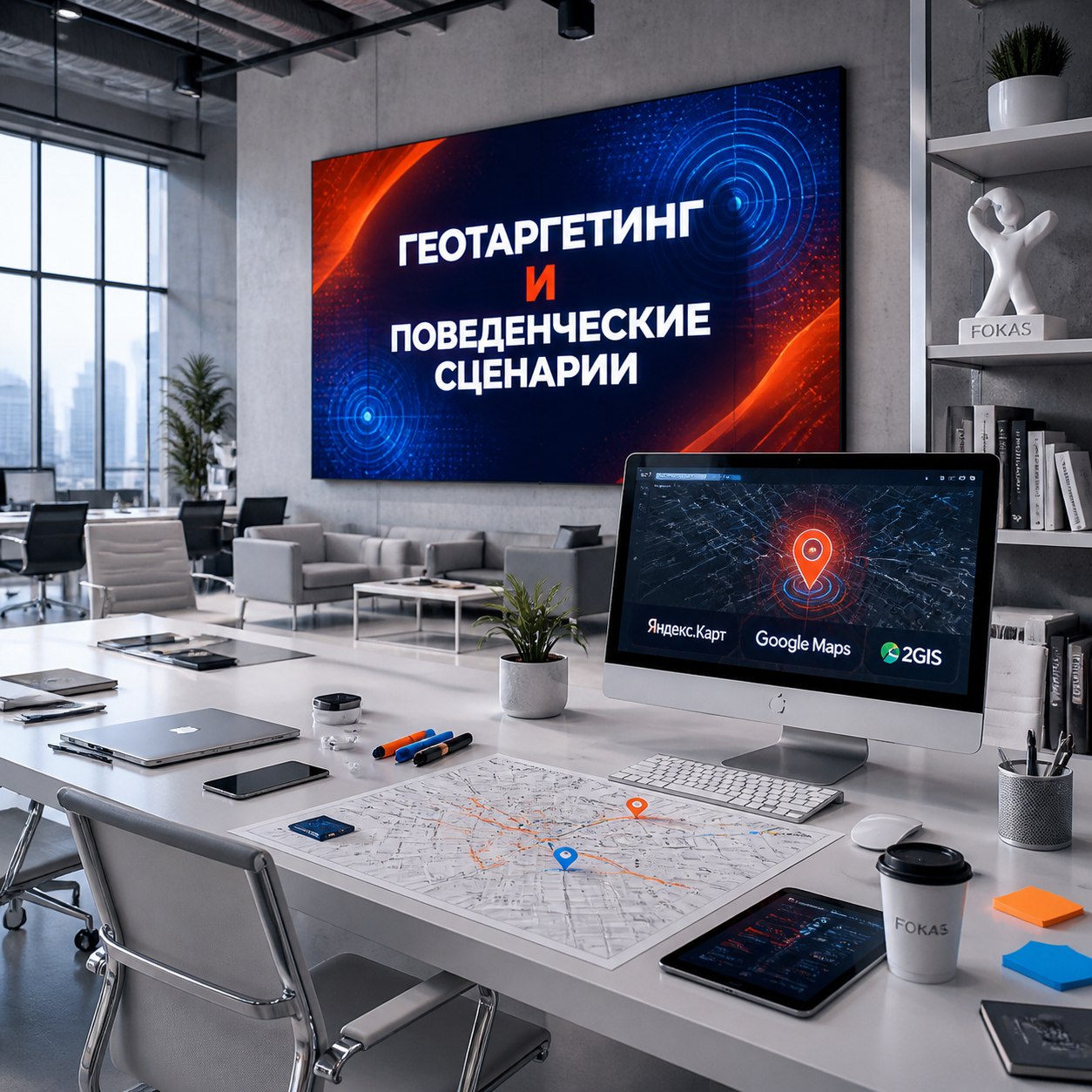 Коворкинг с голографическим столом и LED-панелью геотаргетинг и баннеры