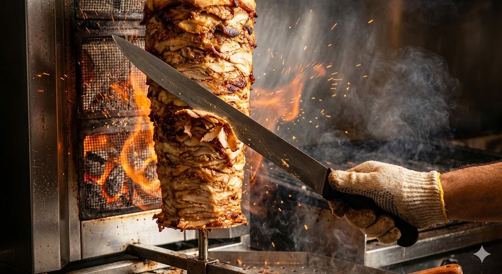 Повар срезает сочное мясо с вертикального вертела для приготовления шаурмы