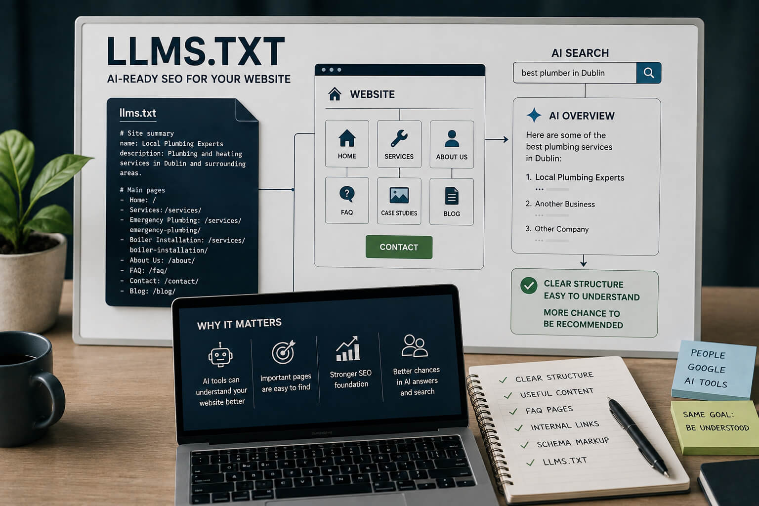 AI-ready SEO concept showing a small business website structure llms.txt file service pages FAQ and AI search path