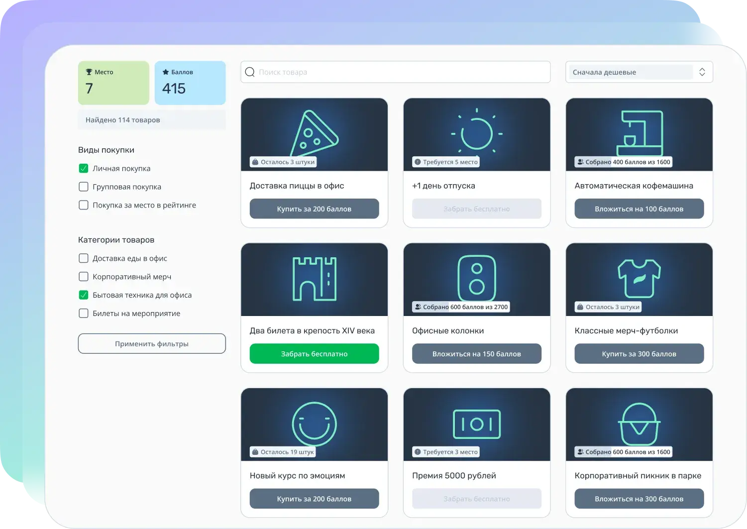 Витрина товаров для мотивации сотрудников на платформе Teachbase