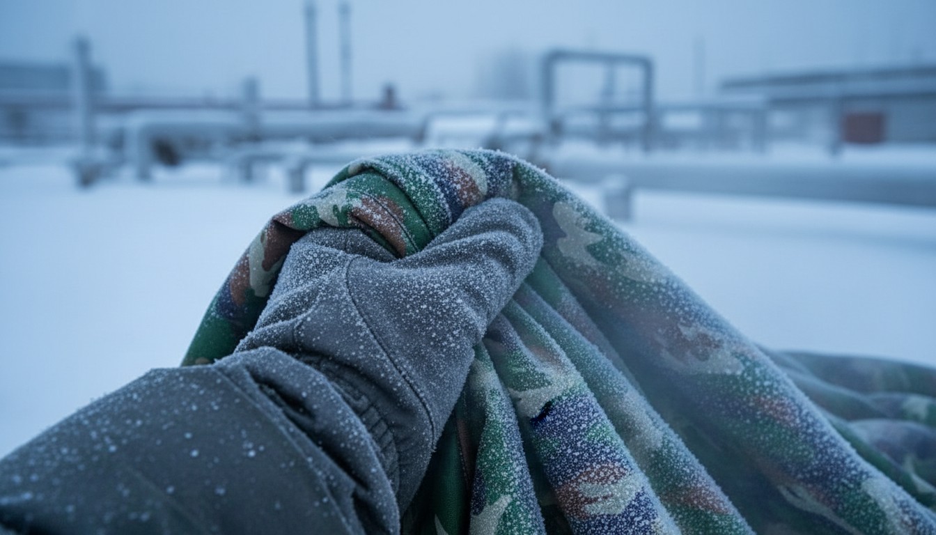 Замороженная ткань тента с инеем демонстрирует поведение материала при экстремальных морозах на Дальнем Востоке для проверки эластичности