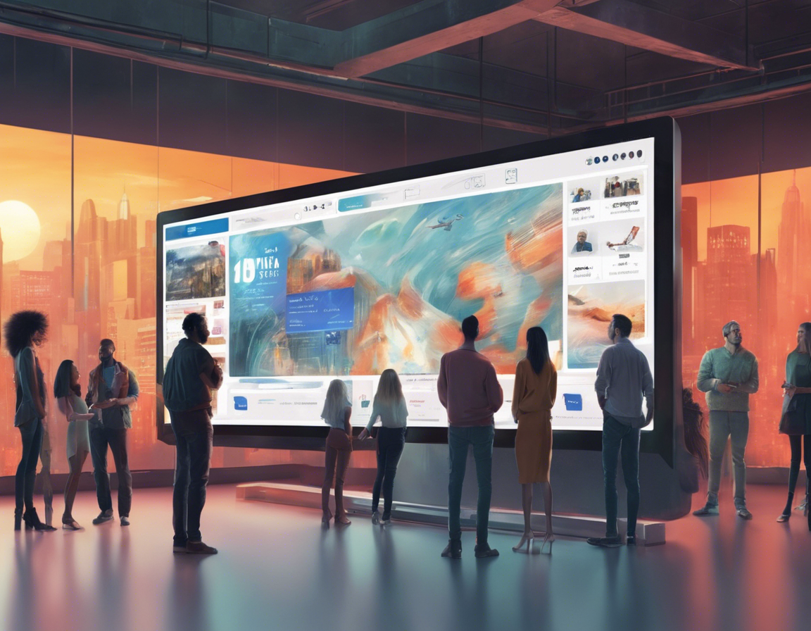 разнообразная группа людей стоит вокруг большого сенсорного экрана, взаимодействуя с цифровой рекламой