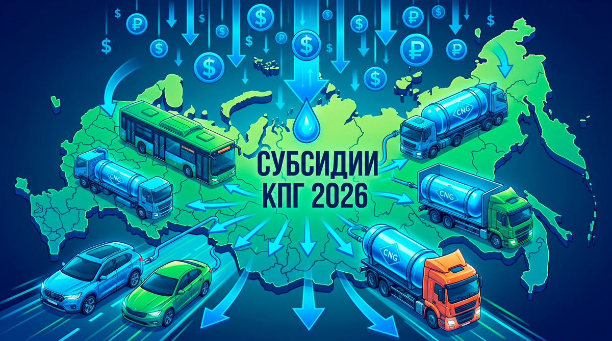 новости о субсидировании переоборудования транспорта на КПГ в 2026 году: современные автомобили, газовые баллоны, синие денежные символы, региональная карта России.