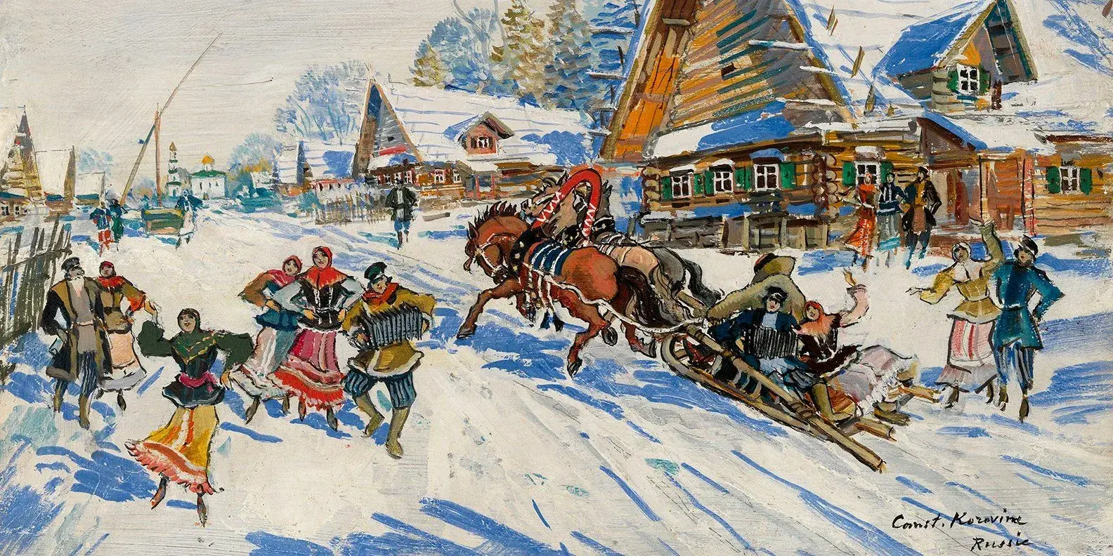 Традиционные русские рождественские гуляния, колядование со звездой, катание на тройке