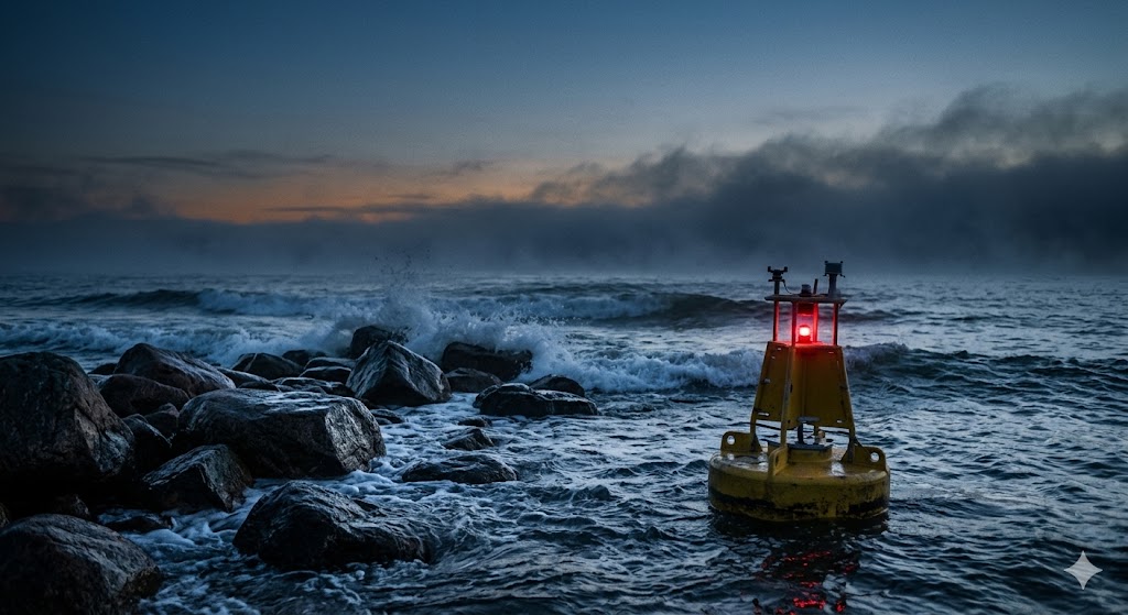 Автономный океанографический буй на фоне сумеречного Балтийского моря