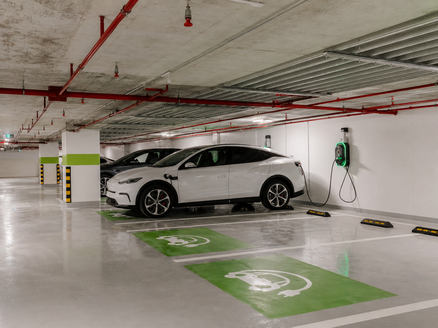 EV-зона с зарядными станциями в подземном паркинге