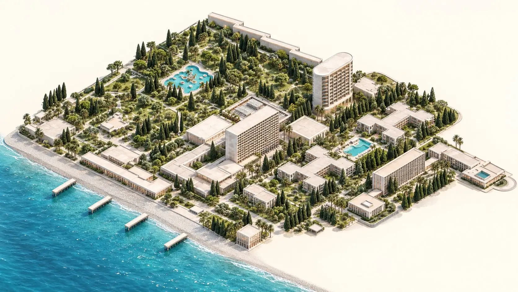 Иллюстративный генплан VOLNA: корпус Resort в центре, корпуса Residences справа, территория у моря; теннисная зона отмечена схематично