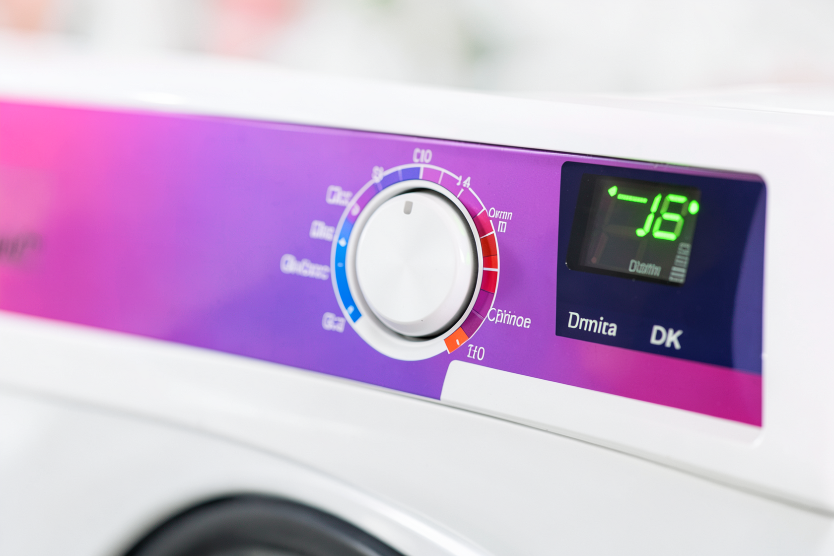 Close-up of a washing machine control panel with cycle selection dial and digital display, no brand names, clearly visible temperature and spin speed indicators