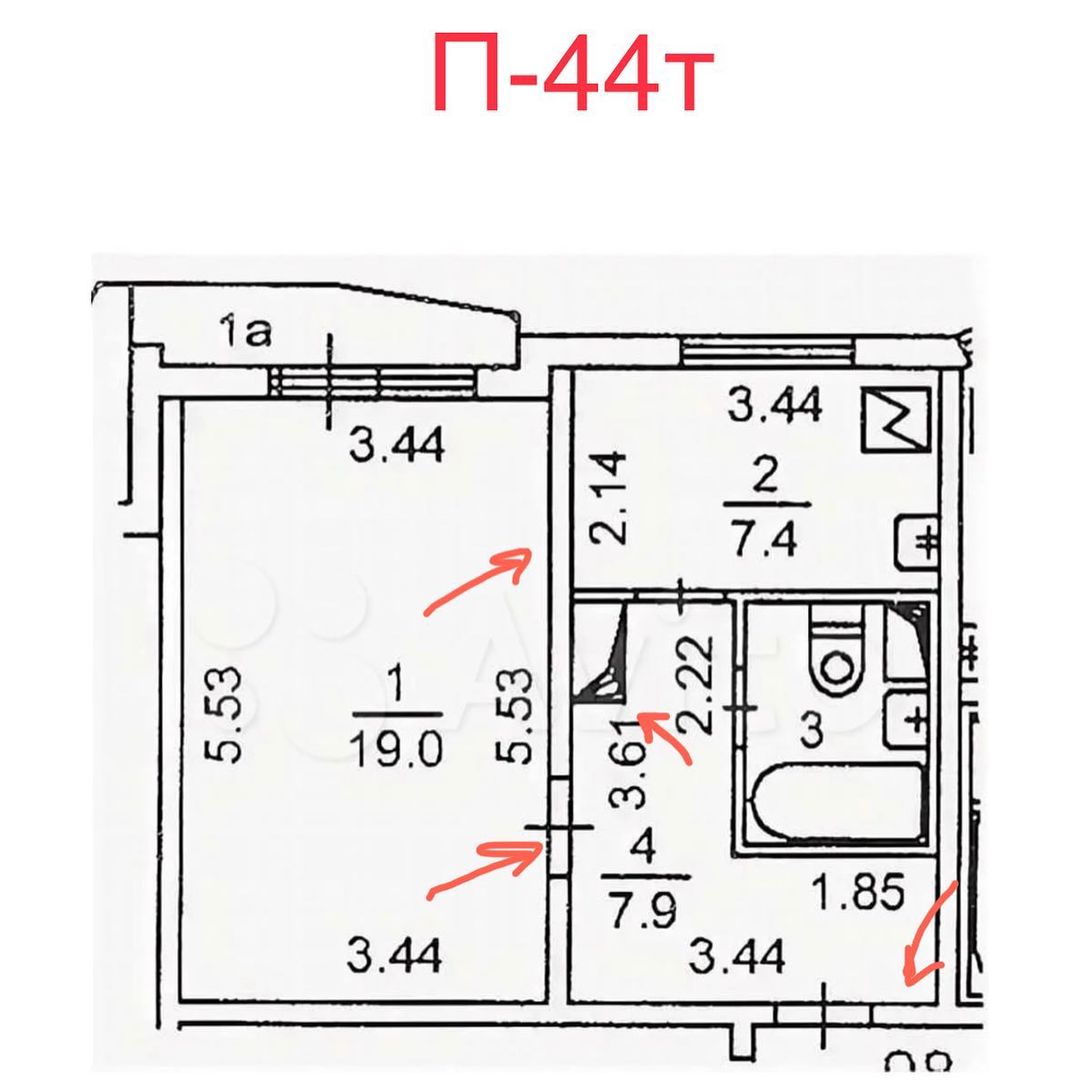 П-44т планировка с размерами 1 комнатная квартира