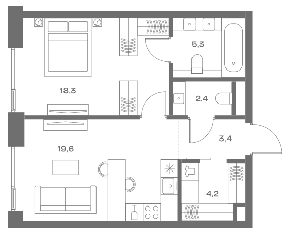 1-комн 53,2 м²