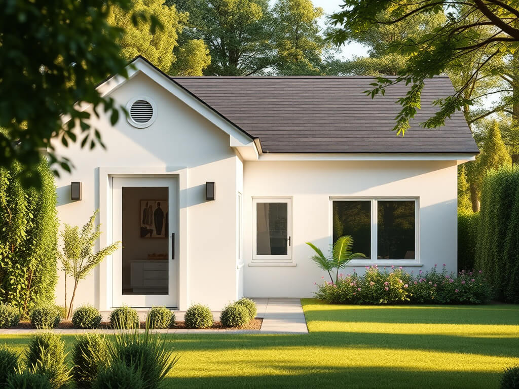 The image shows a modern house surrounded by a well-maintained garden bathed in soft morning light, highlighting its clean lines and elegant design. In the foreground, there’s a neat front door with transparent glass revealing a cozy interior, and in the 