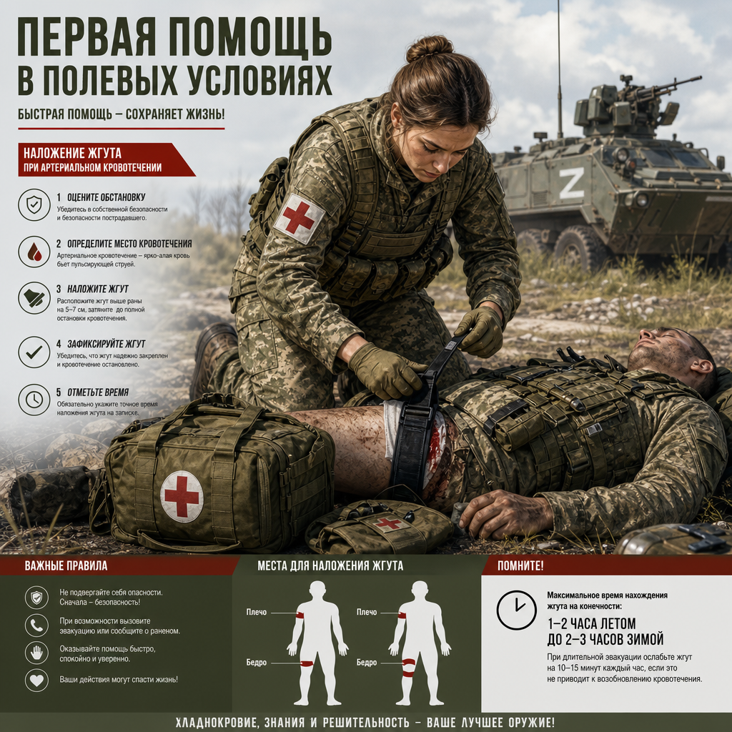 Военная санитарка в полевых условиях оказывает первую помощь раненому бойцу — накладывает жгут на конечность, рядом медицинская сумка с красным крестом, на заднем плане бронетехника