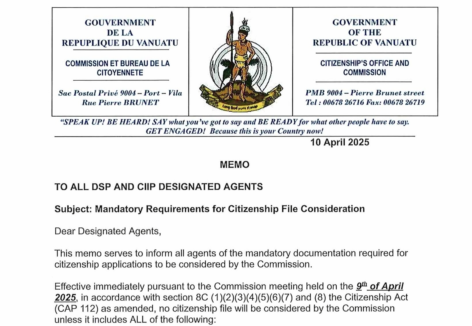 Official 2025 memo issued by the Vanuatu Citizenship Commission, including the commission meeting schedule and mandatory documentation requirements for all designated agents under the DSP and CIIP programs.