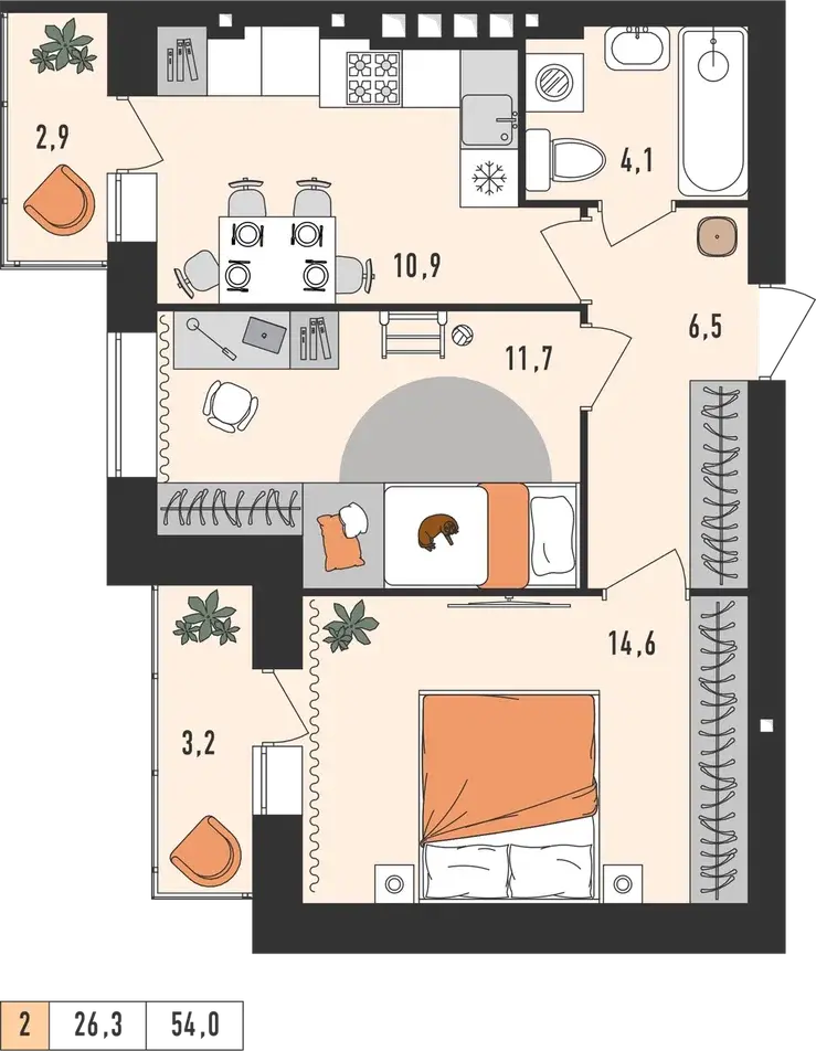 Планировка двухкомнатной квартиры площадью 54 м²