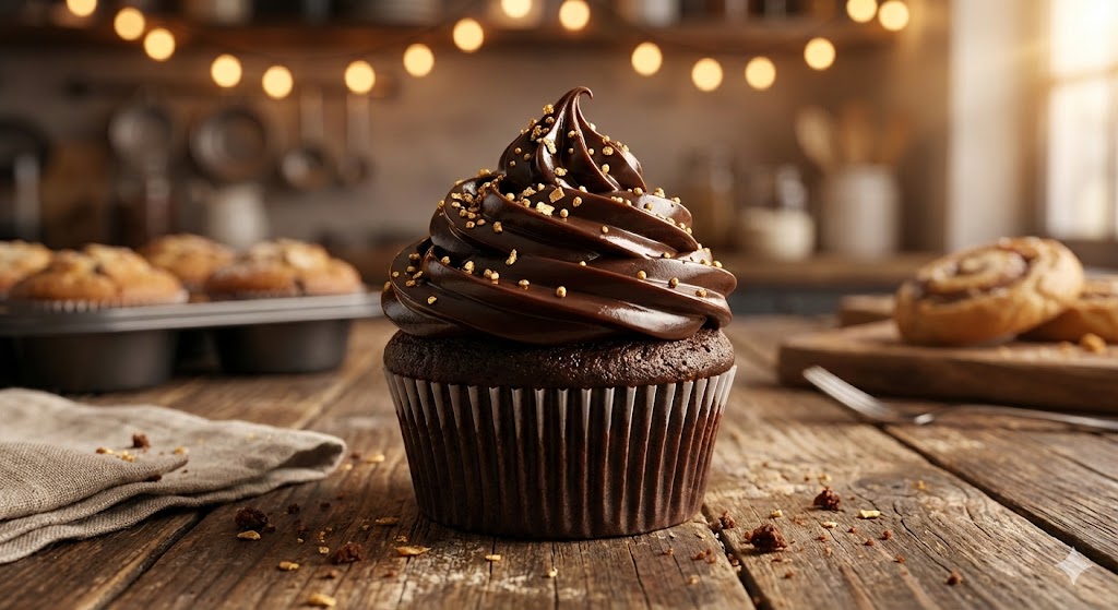 Шоколадный кекс с высокой шапкой крема и золотой посыпкой на деревянном столе в честь праздника 15 ноября.