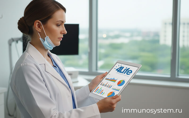 Женщина читает отзывы о 4Life Transfer Factor на ноутбуке — реальный опыт покупателей