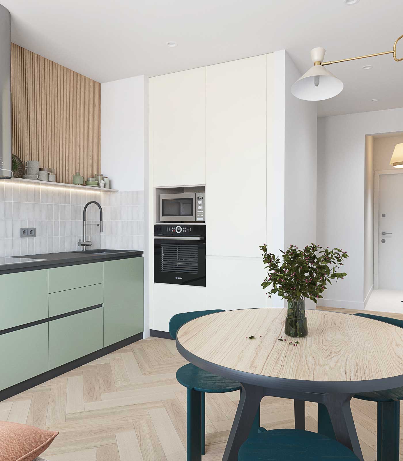 Кухня мятного цвета. Черная столешница, белая плитка над столешницей. деревянные панели. Белая колонна 