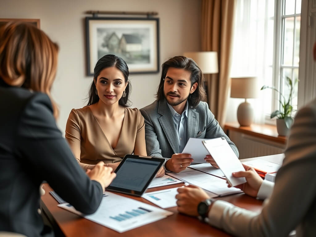 Business meeting in an elegant office: A notary consults a family couple on asset management. Documents, charts, and a tablet are on the table. The atmosphere is professional and trustworthy, with a key focus on confidently explaining the details of the p