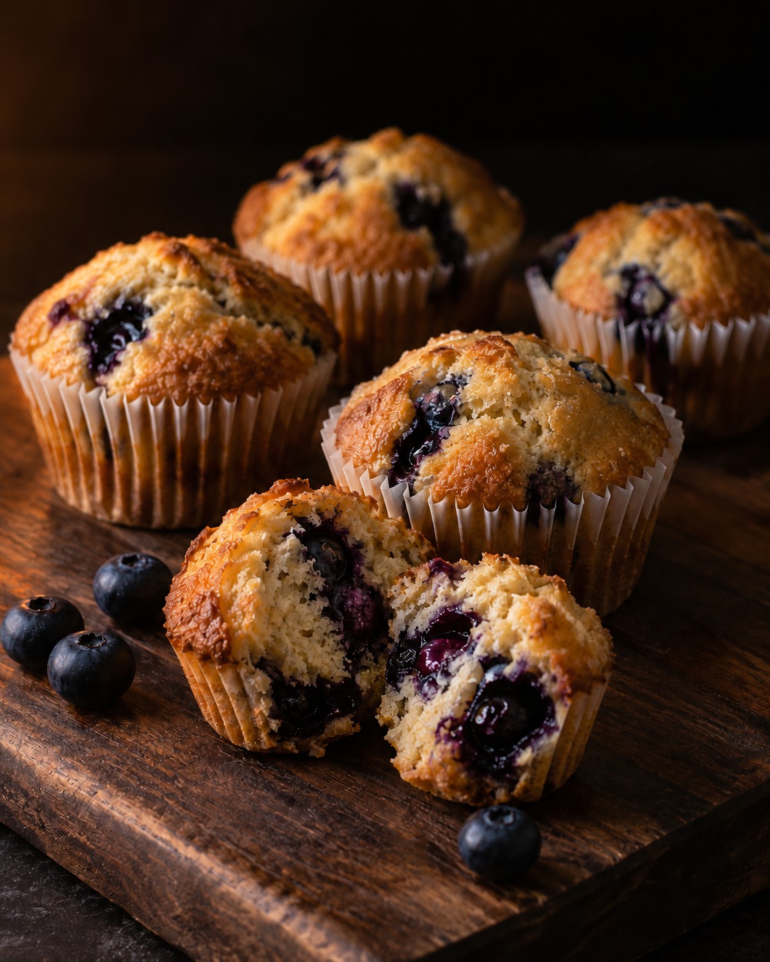 Six golden blueberry muffins in paper cups on a dark wooden board, one broken open to show the crumb and burst berries, by Miami private chef Marina Staver