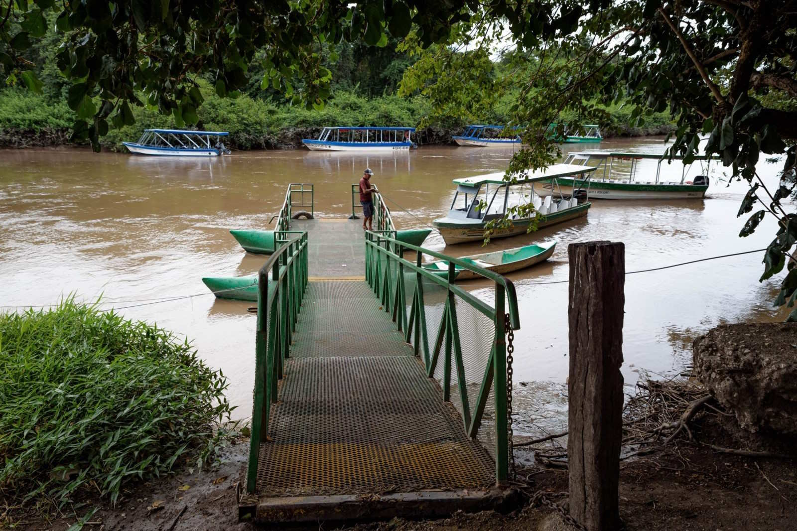 Dock and covered excursion boats at a Tempisque River boarding point