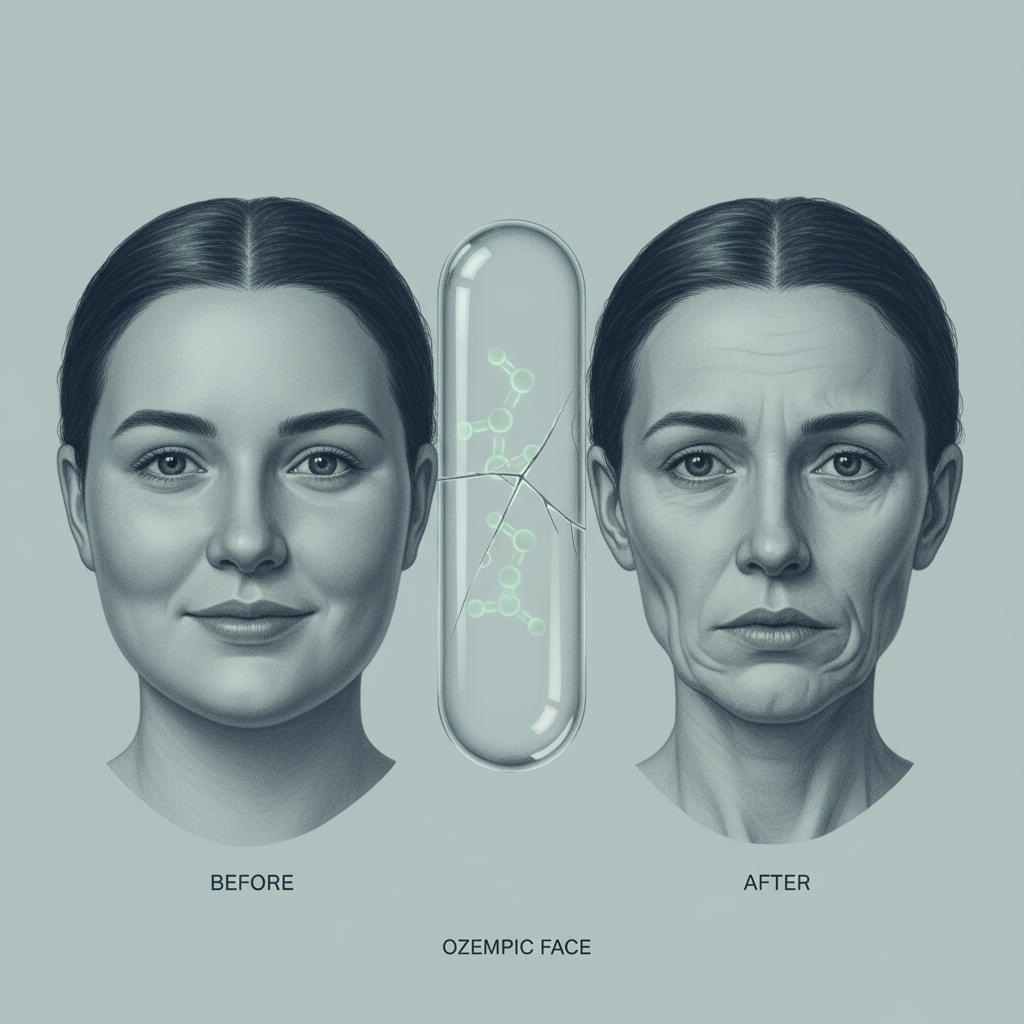 Сравнение «до и после»: нормальное лицо и «Ozempic Face» с впалыми щеками и морщинами.