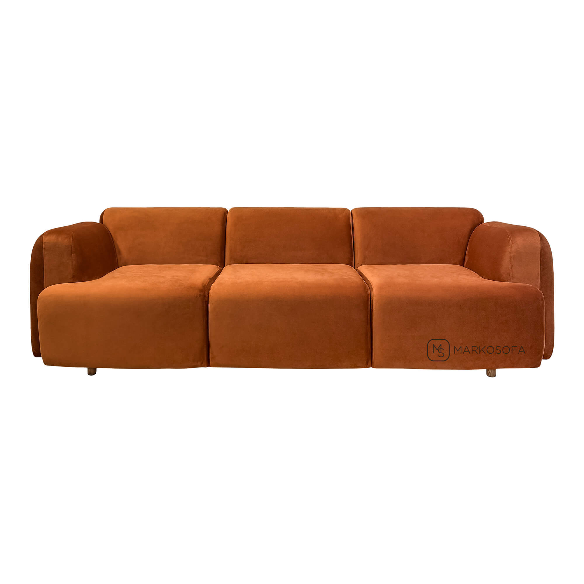 Реплика дивана Swell от Normann Copenhagen на заказ от фабрики Марко Софа в рыжем велюре на ножках из массива бука