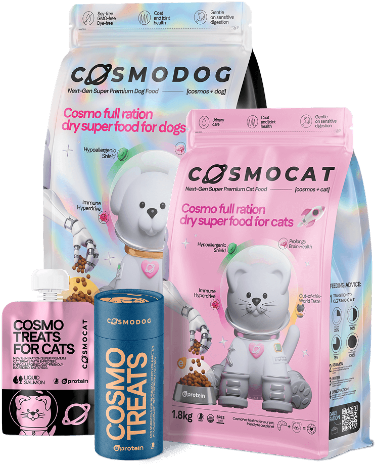 Modern Cosmopet food and treats range for cats and dogs - including Cosmodog dry food and Cosmocat treats with cod yogurt - represents a new generation of innovative, science-backed nutrition for pets.