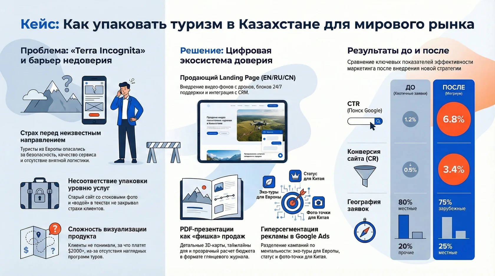 Инфографика: кейс упаковки туризма казахстана с решением проблемы недоверия и сравнением показателей ctr и конверсии до и после.