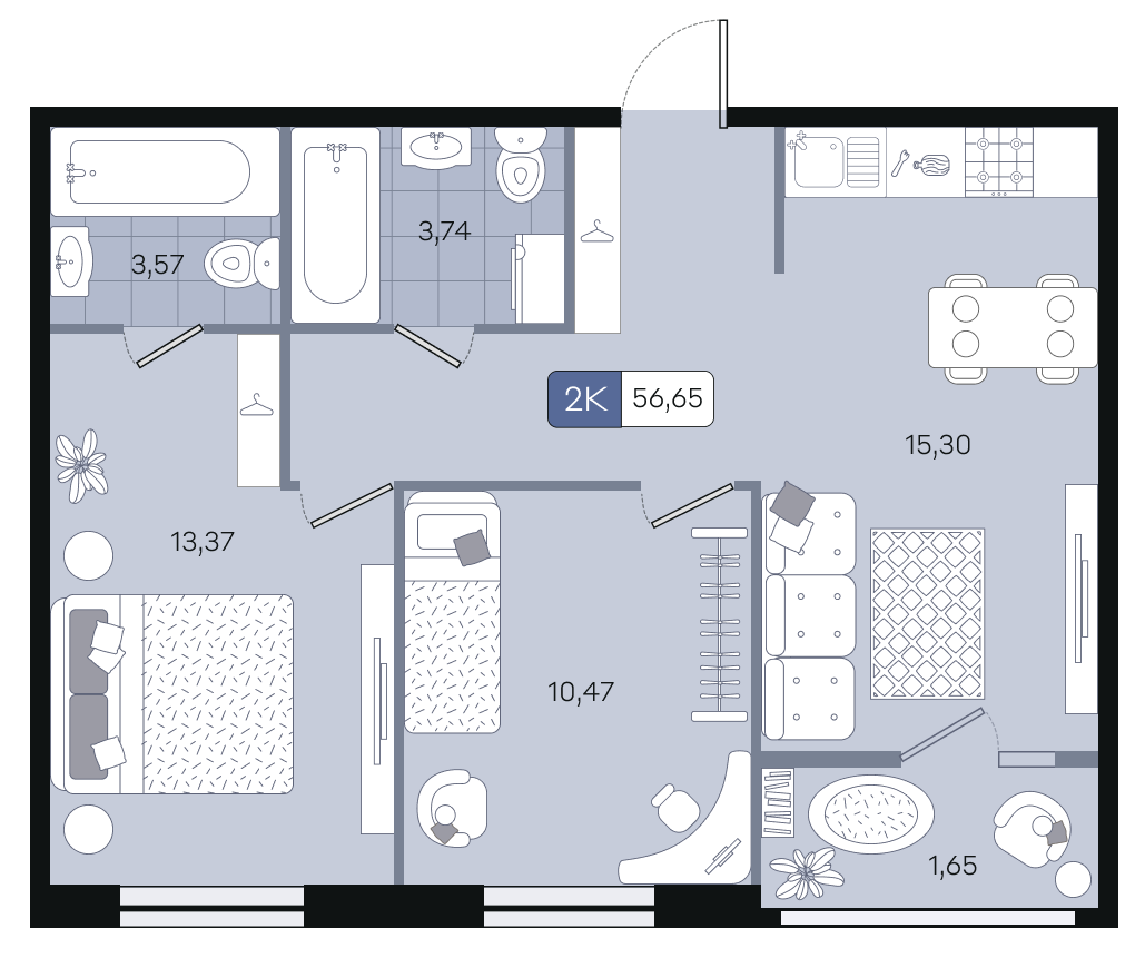 2-комнатная 56,65 м²