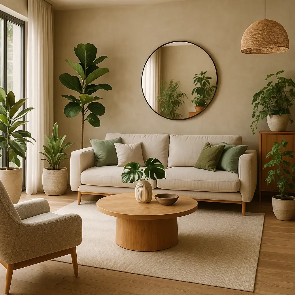 Биофильный интерьер: зелень, светлые стены с фактурой, дерево и круглое зеркало