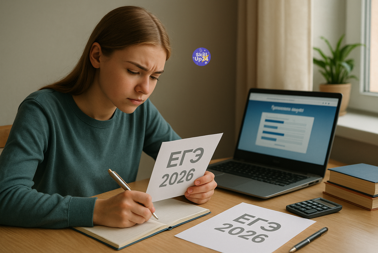 Старшеклассница 16–18 лет сидит за столом с ноутбуком, калькулятором и листом с надписью “ЕГЭ 2026”, сосредоточенно готовится к экзамену, дневное естественное освещение и спокойная атмосфера подготовки