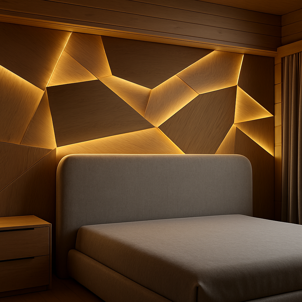 Современная спальня с декоративными стеновыми панелями из МДФ под шпон дуба, встроенной тёплой LED-подсветкой и мягким изголовьем кровати.